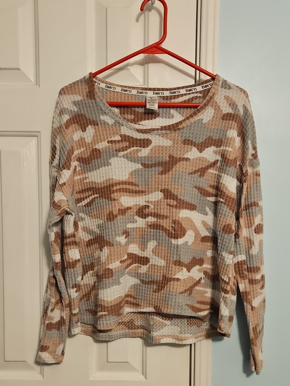 Pink And Grey Camo Waffle Knit Long-Sleeve Top